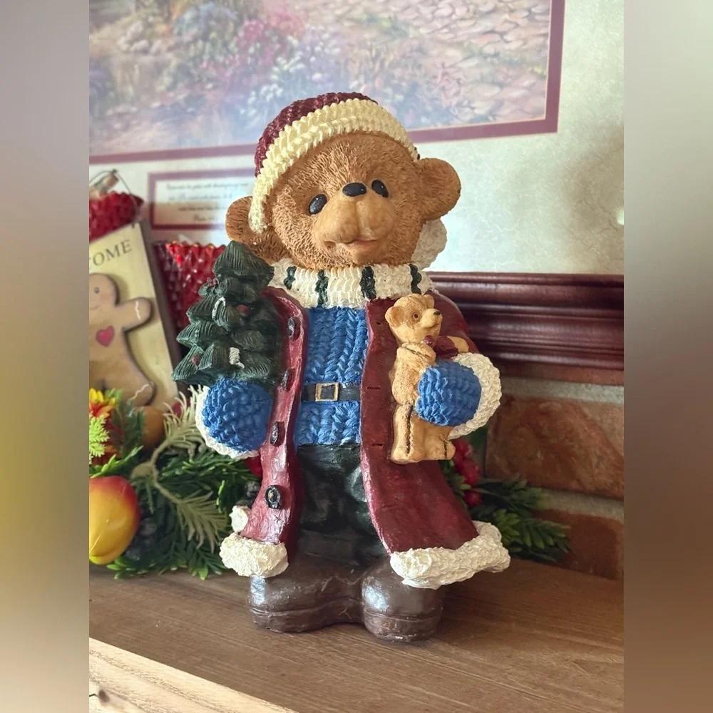 Vintage 1984 Christmas Festive Bear Figurine with Red Coat and Blue Sweater
